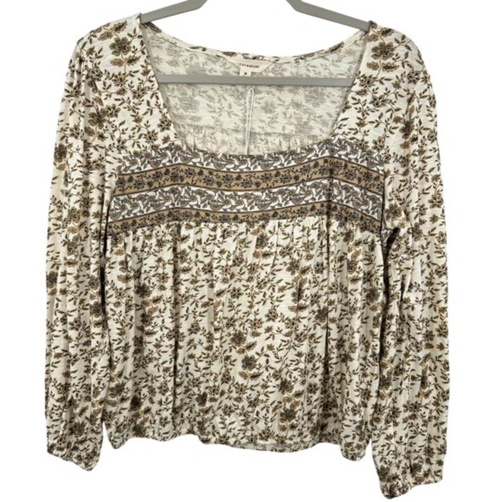 Lucky Brand Womens Floral Square Neck‎ Peasant Top Brown Cream Boho Cotton